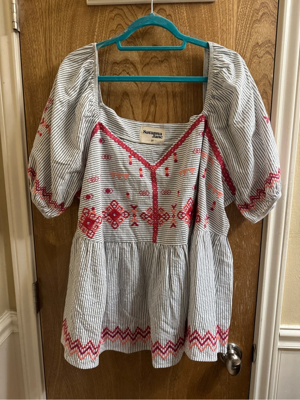 Savanna Jane Puff Sleeve Gray White Striped Embroidery Geometric Plus Top 2X
